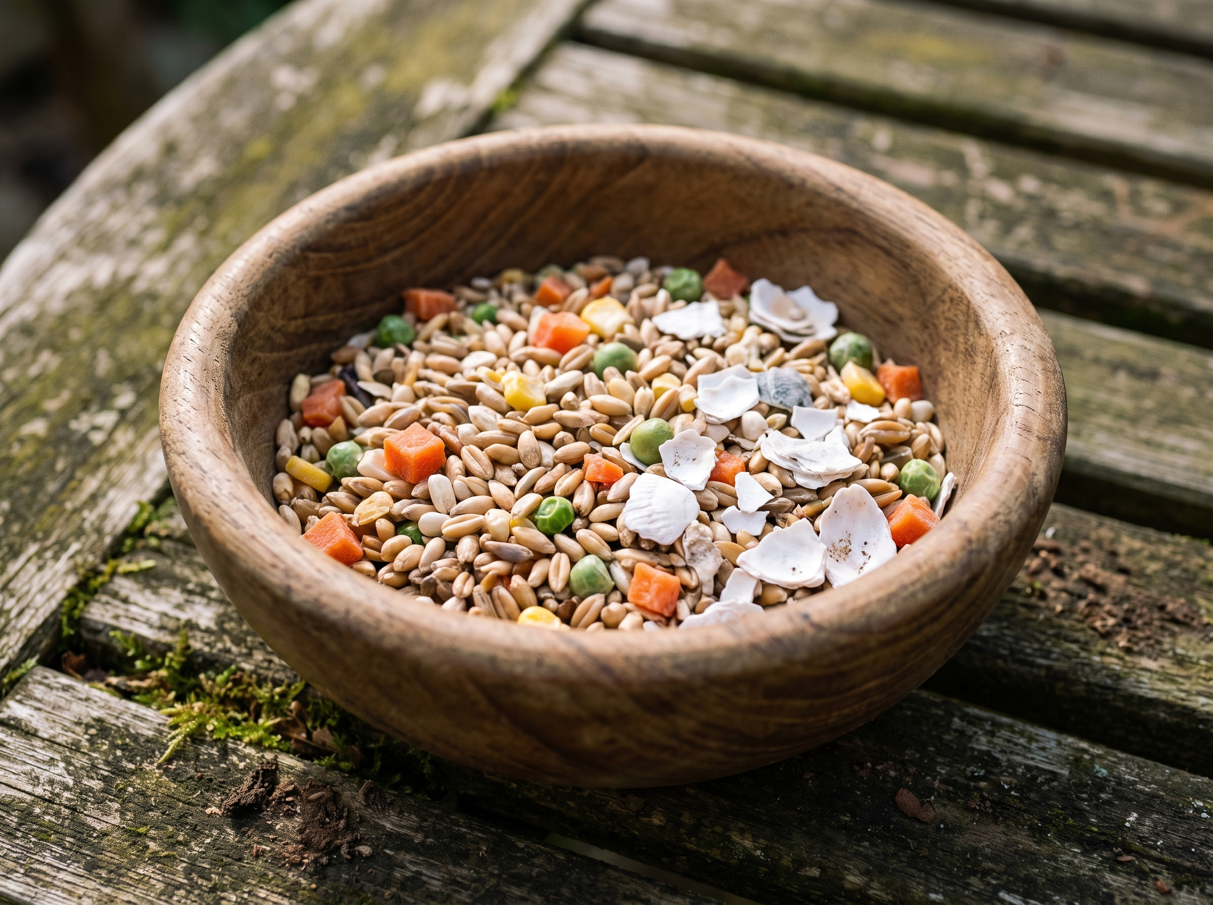 Coupelle de graines, légumes et coquilles d'huîtres concassées pour l'alimentation d'une poule