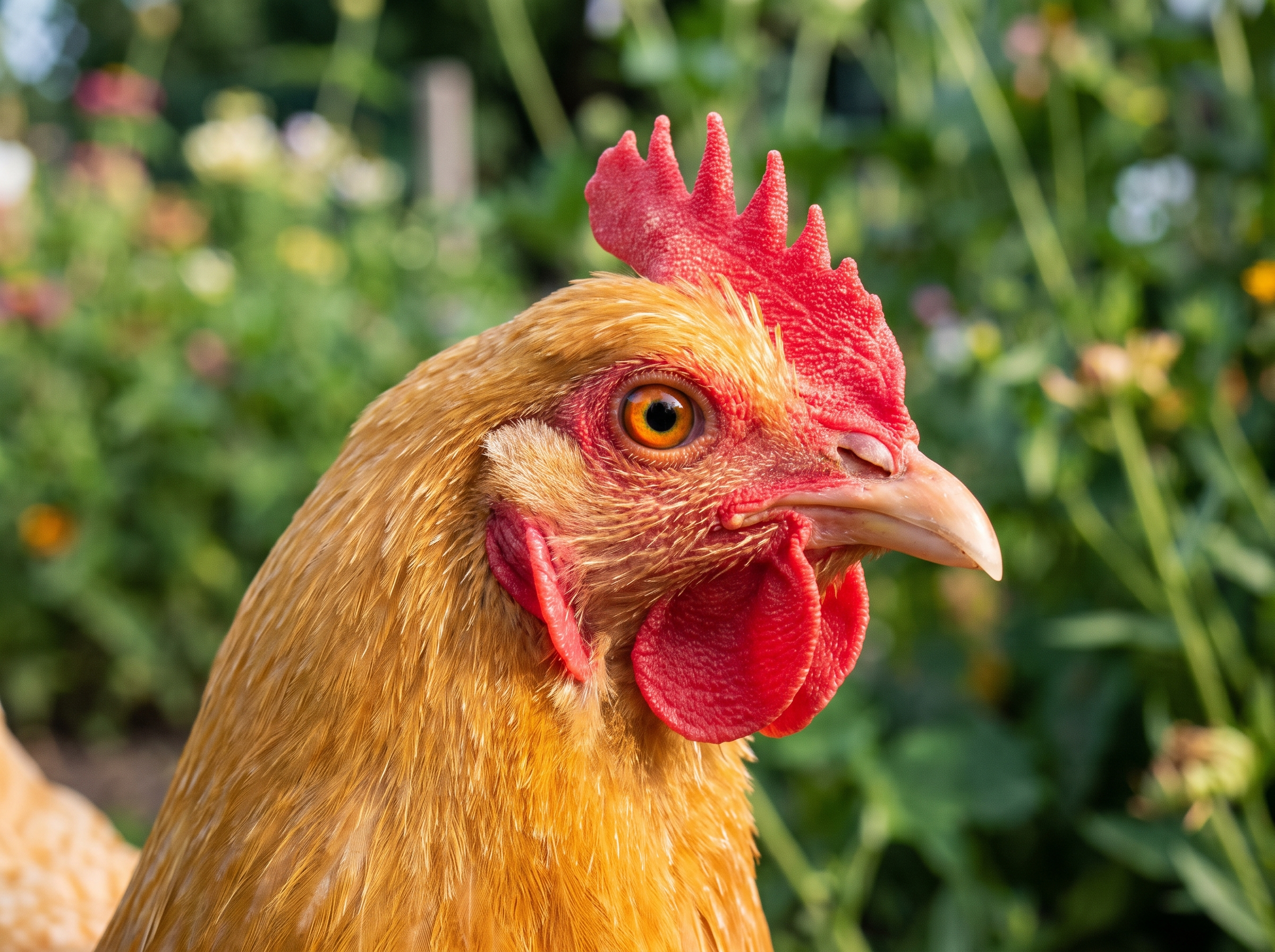 Gros plan sur la tête d'une poule en bonne santé avec crête rouge vive et œil clair