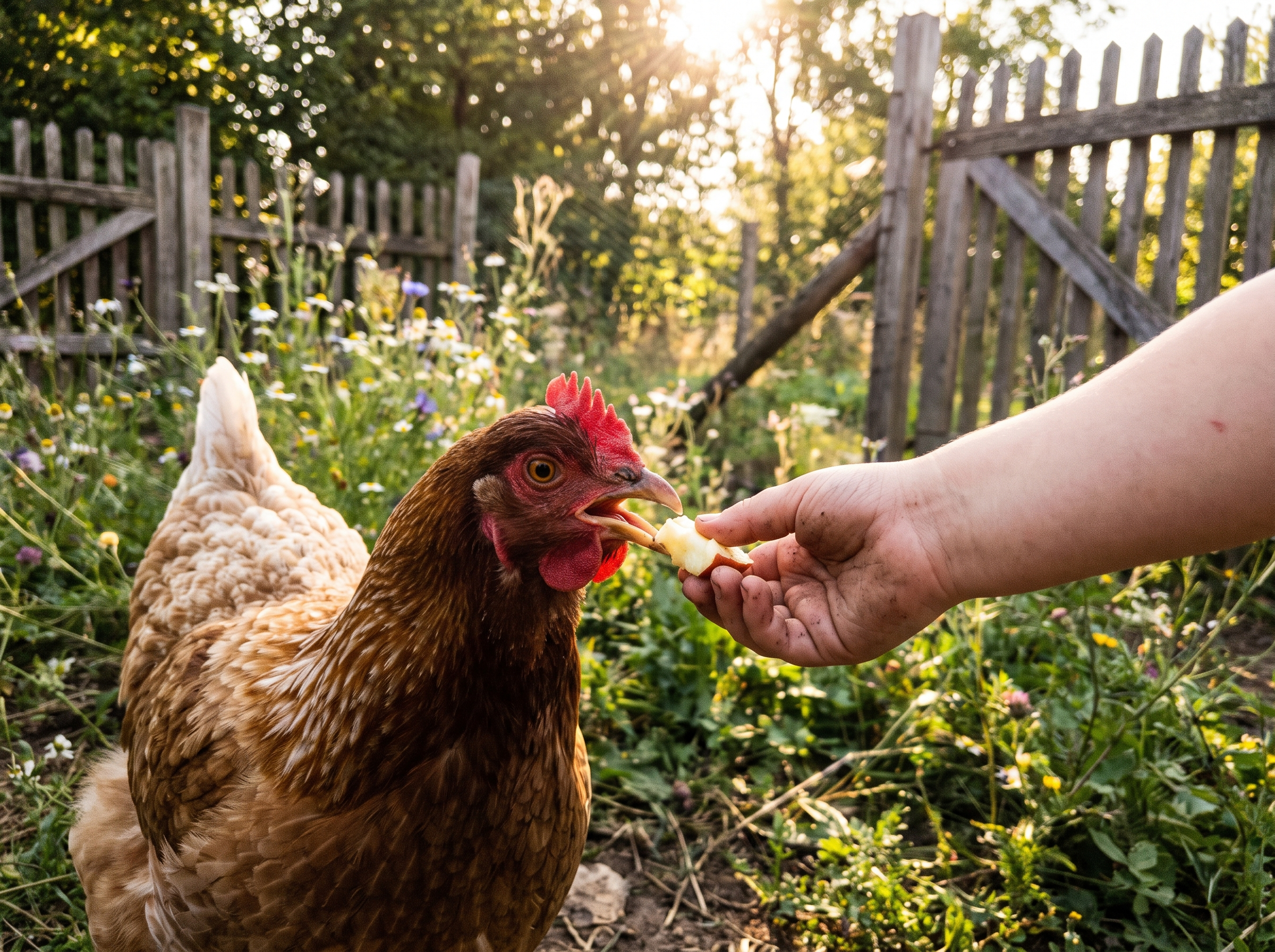 Main d'enfant offrant délicatement une friandise à une poule de compagnie dans un jardin
