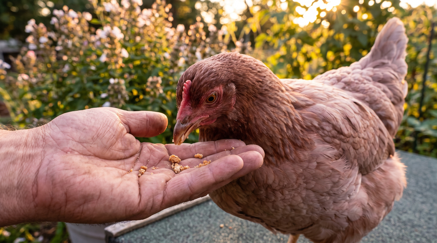 Main offrant délicatement une friandise à une poule de compagnie apprivoisée dans un jardin
