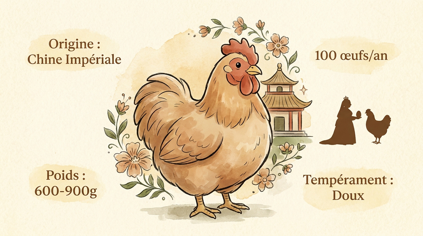 Poule Pékin naine au plumage fauve dans un jardin urbain