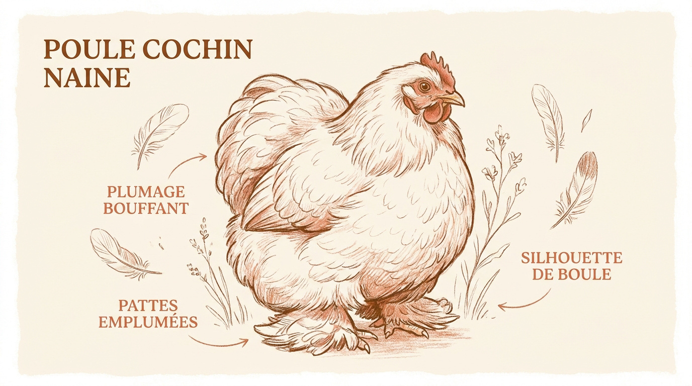 Portrait d'une poule Cochin naine montrant son plumage abondant et sa silhouette ronde