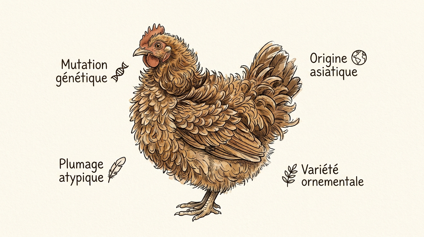 Poule ornementale au plumage frisé et ébouriffé dans un jardin