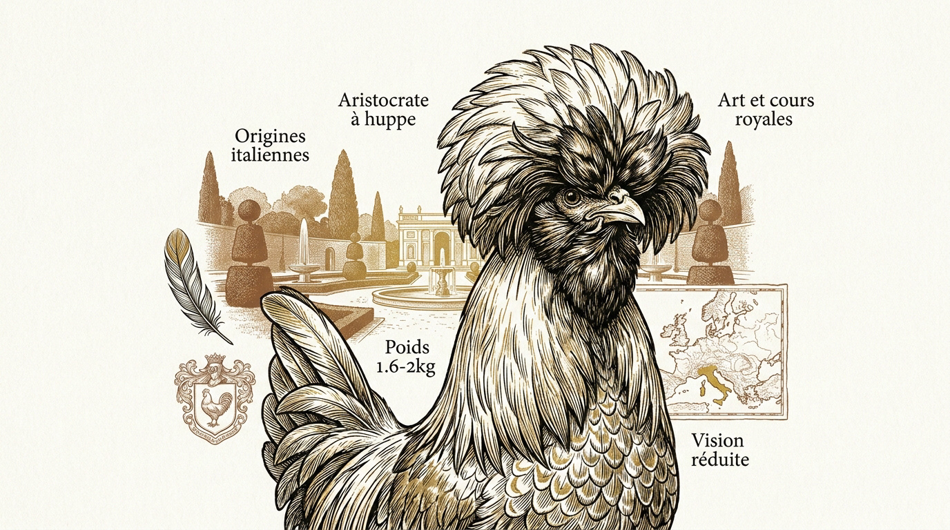 Poule Padoue avec sa huppe blanche volumineuse dans un jardin