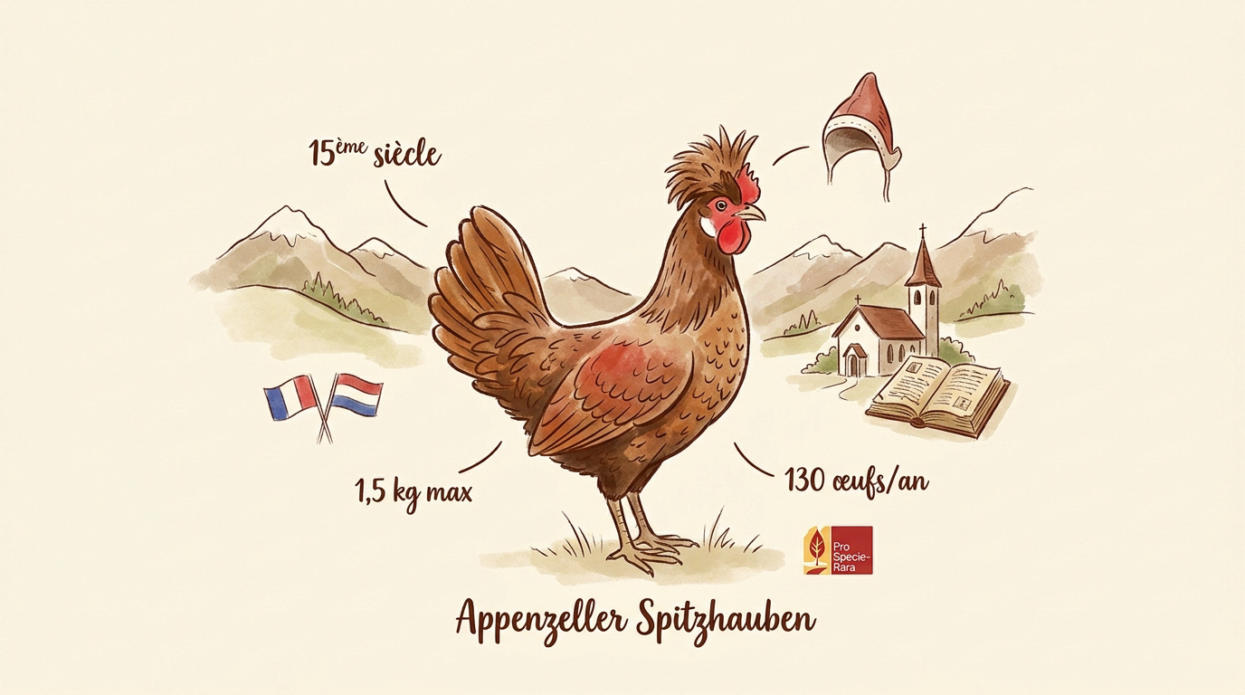 Poule Appenzelloise Huppée argentée pointée noir dans un jardin