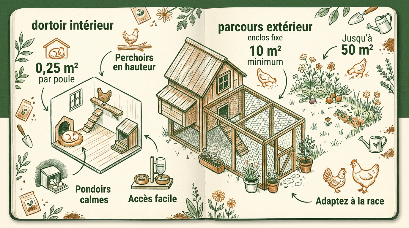 Illustration d'un poulailler urbain optimisé pour petit jardin avec enclos et abri de nuit