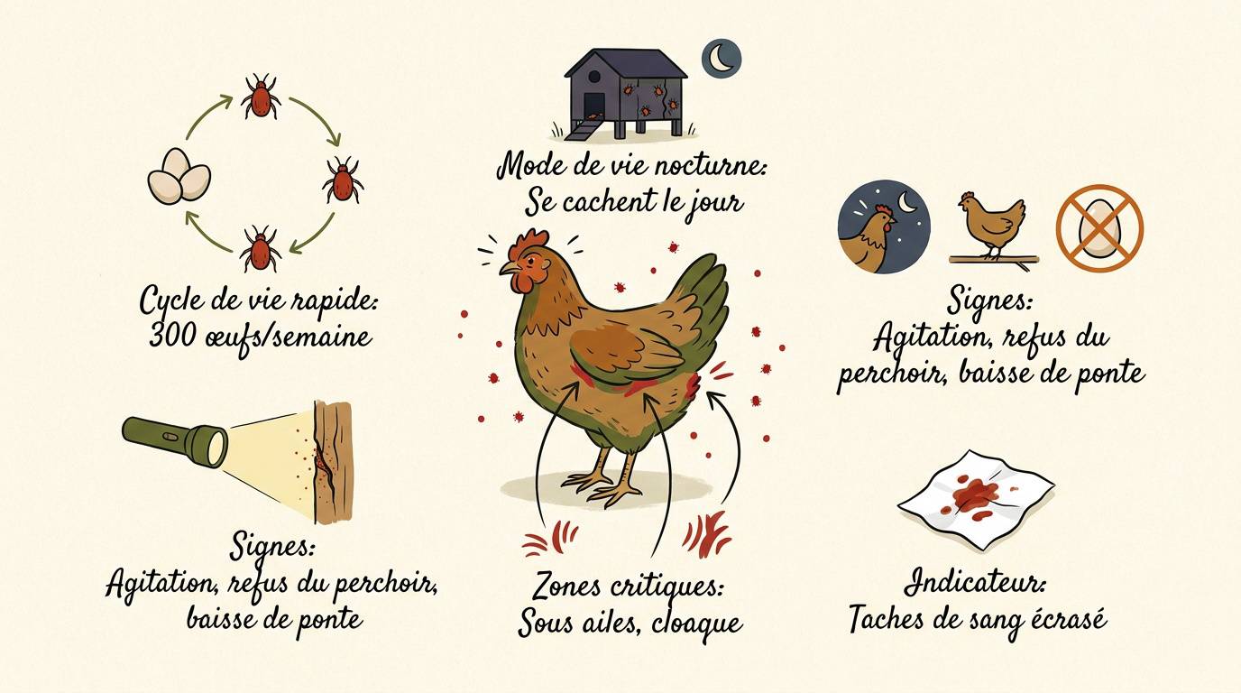 gros plan sur un pou rouge parasite de la poule dans un poulailler en bois