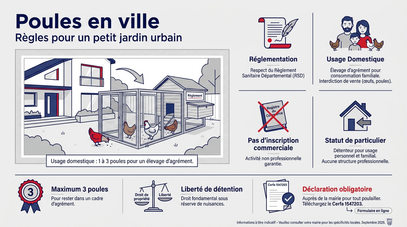 Poules rousses dans un petit jardin urbain clôturé avec un poulailler en bois