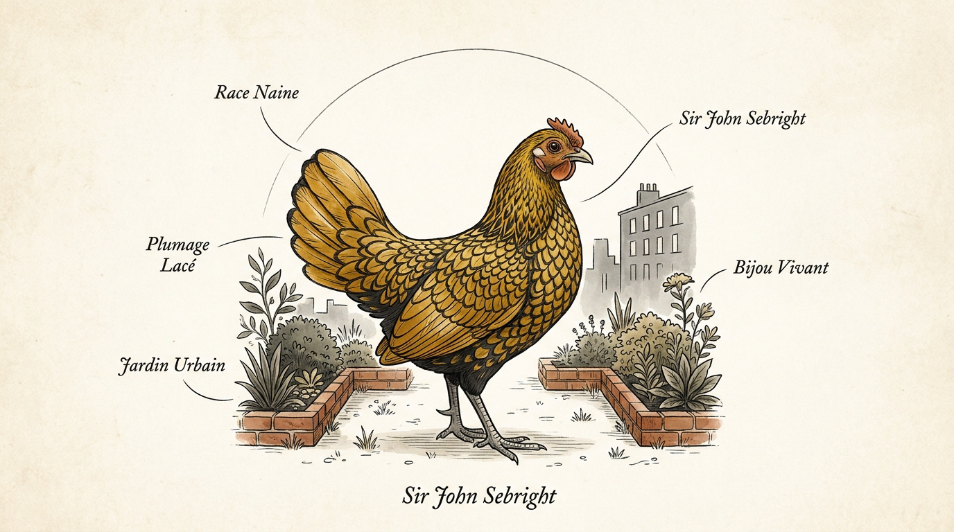 Poule Sebright argentée au plumage lacé dans un petit jardin urbain