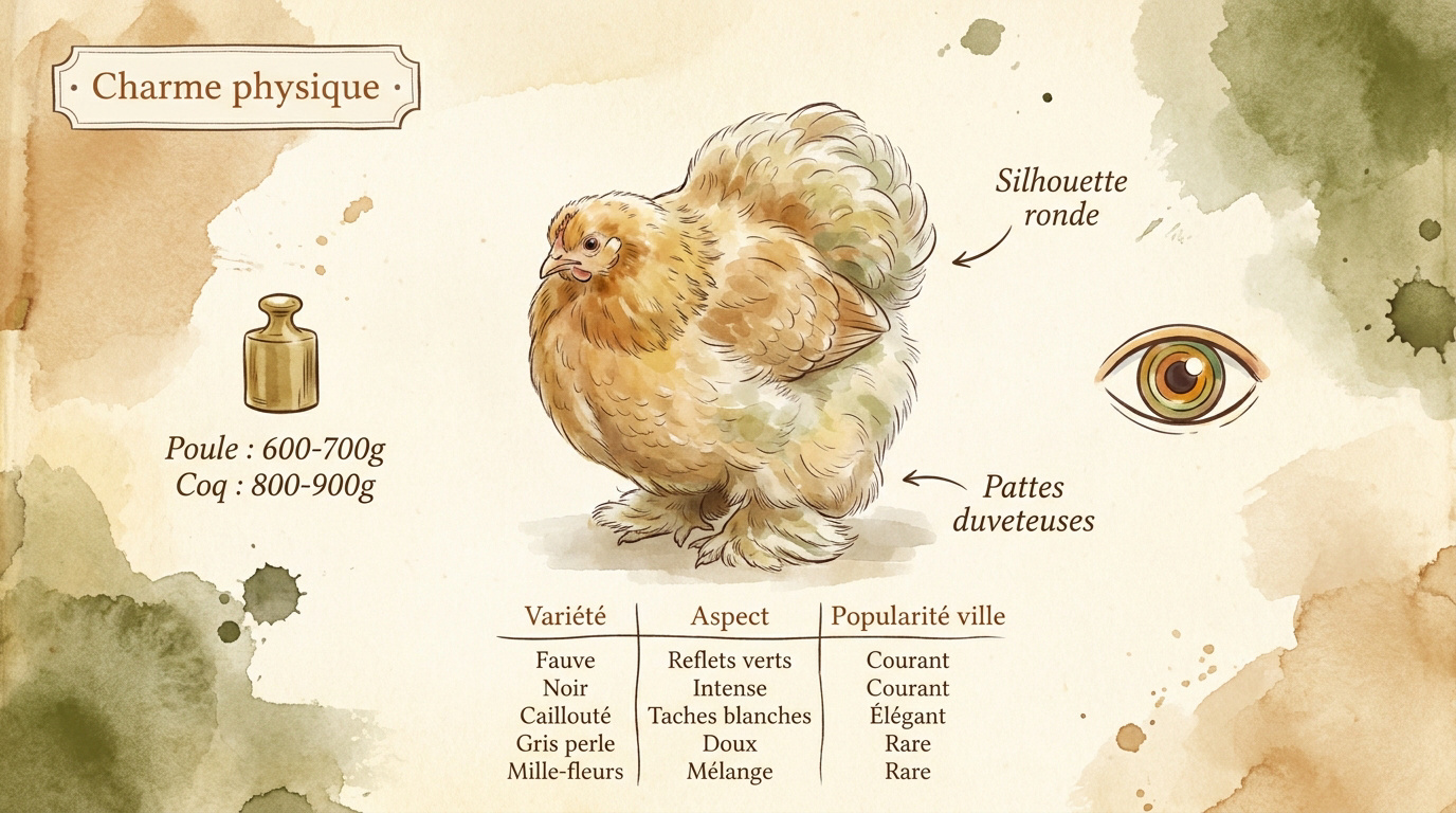 Poule Pékin naine aux plumes frisées et pattes emplumées dans un jardin