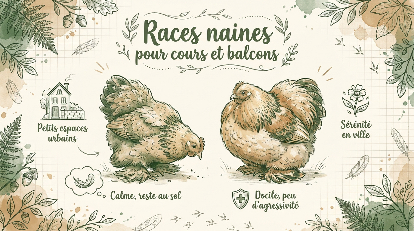 Poule Pékin naine et Cochin naine dans un petit jardin urbain