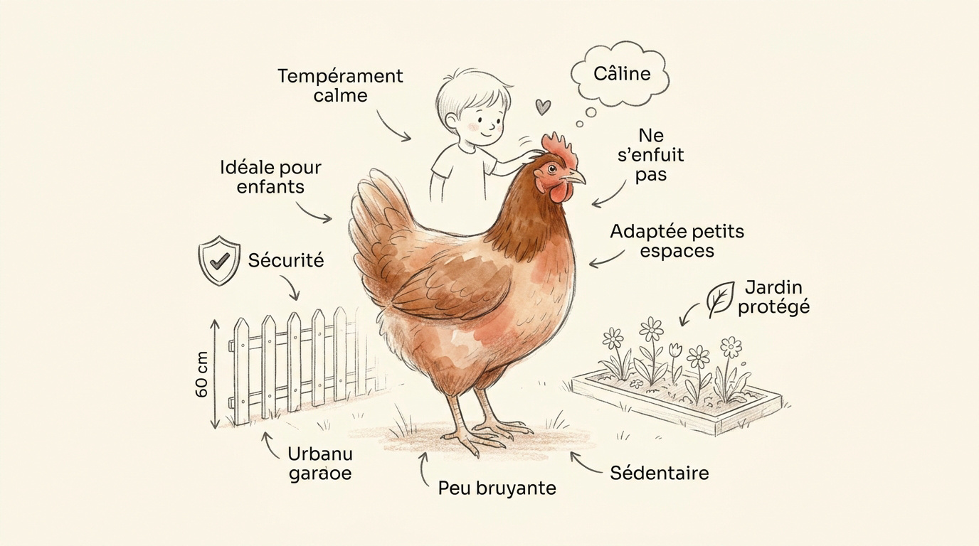 Poule Cochin naine calme dans un petit jardin urbain