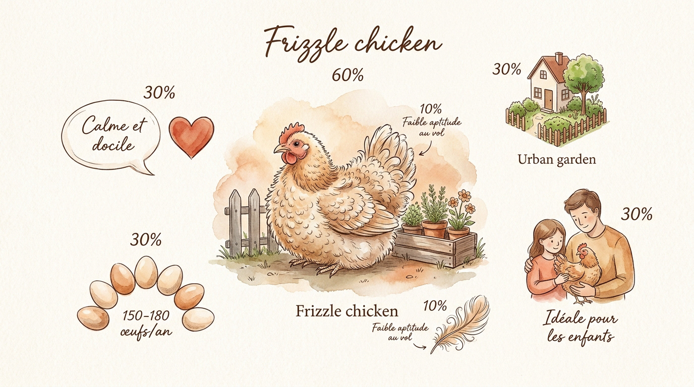 Infographie présentant les caractéristiques et besoins de la poule frisée en milieu urbain