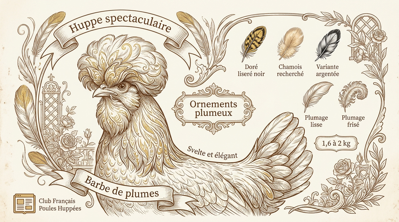 Poule Padoue arborant une huppe volumineuse et une barbe de plumes dense