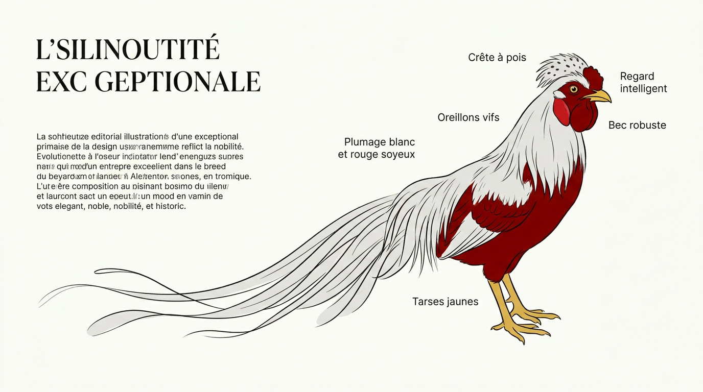 Coq Yokohama blanc à dessin rouge avec une traîne spectaculaire dans un jardin