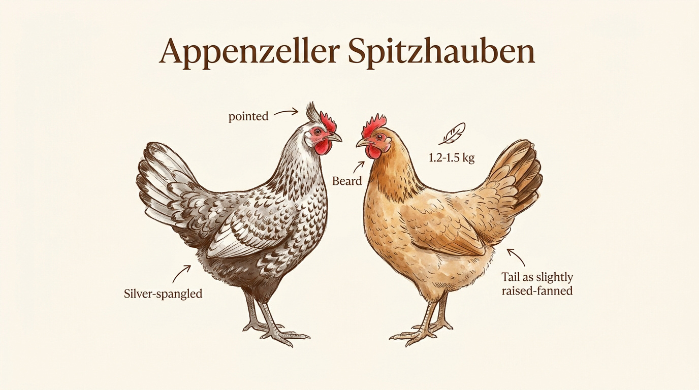 Poule Appenzelloise Huppée au plumage pointé dans un jardin urbain