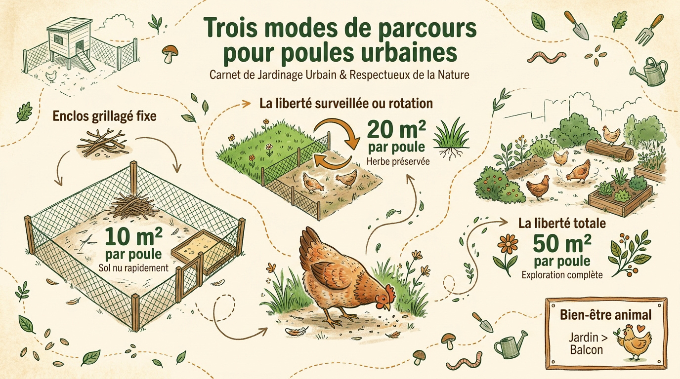 Poules de compagnie dans un petit jardin urbain aménagé