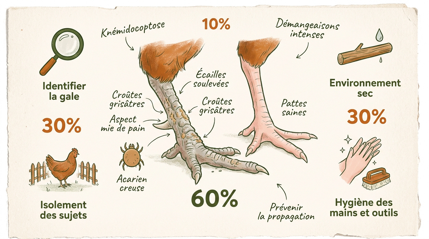 Pattes de poule présentant des croûtes grisâtres et des écailles soulevées dues à la gale