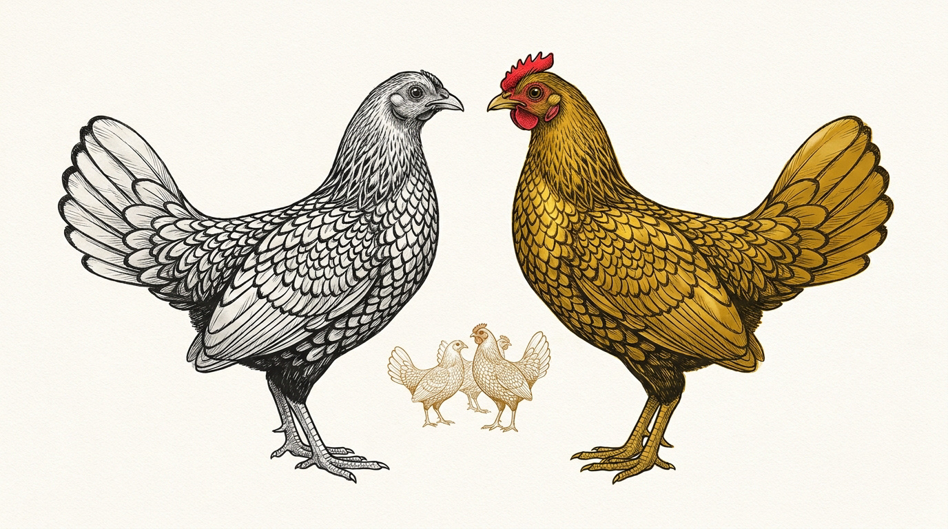 Couple de poules Sebright dorée et argentée montrant leur plumage liseré caractéristique