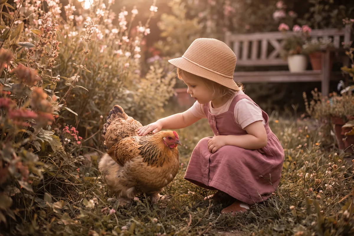 Enfant caressant doucement une poule de compagnie dans un jardin