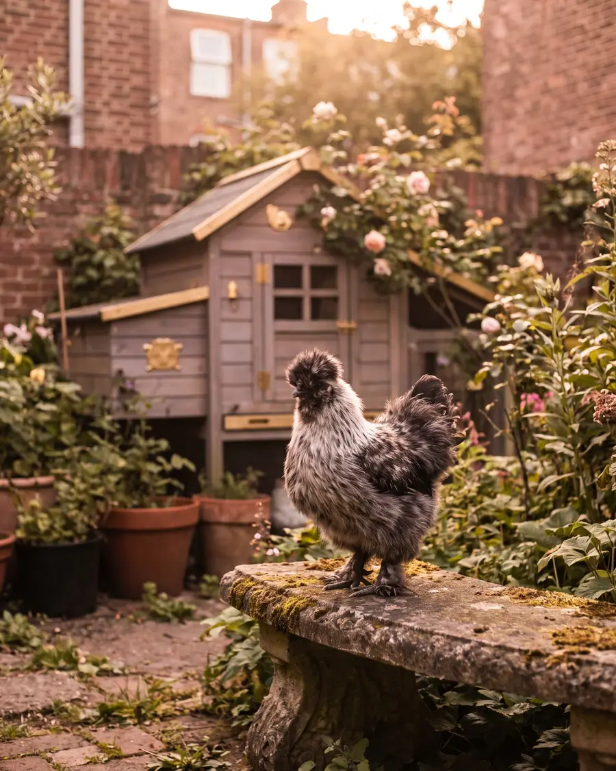Poule d'ornement dans un jardin urbain avec petit poulailler en bois